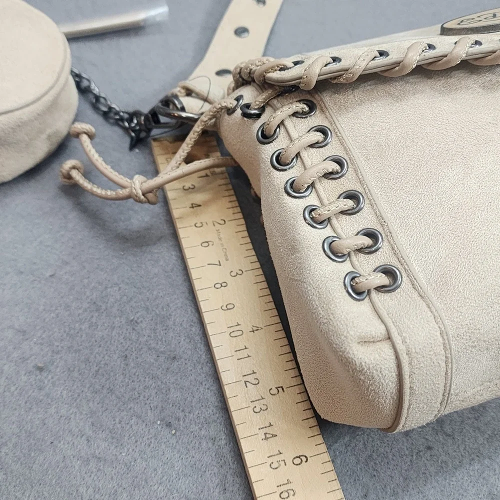 Ed Hardy Shoulder Bag Tan Faux Suede Lace Up Studded Y2K Women OS EHH392R1B NWT